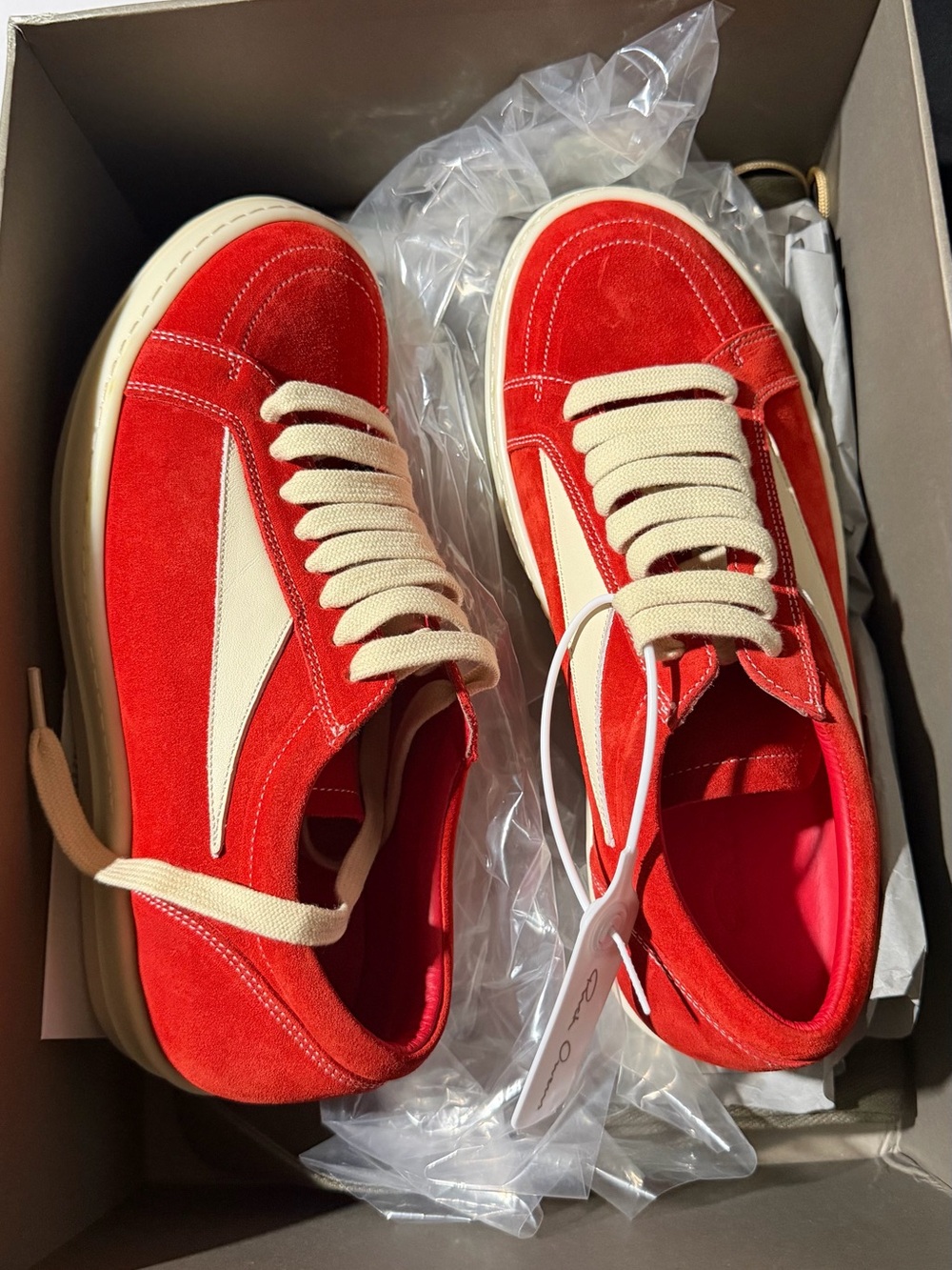 Rick Owens Red Suede Sneakers with Cream Accents